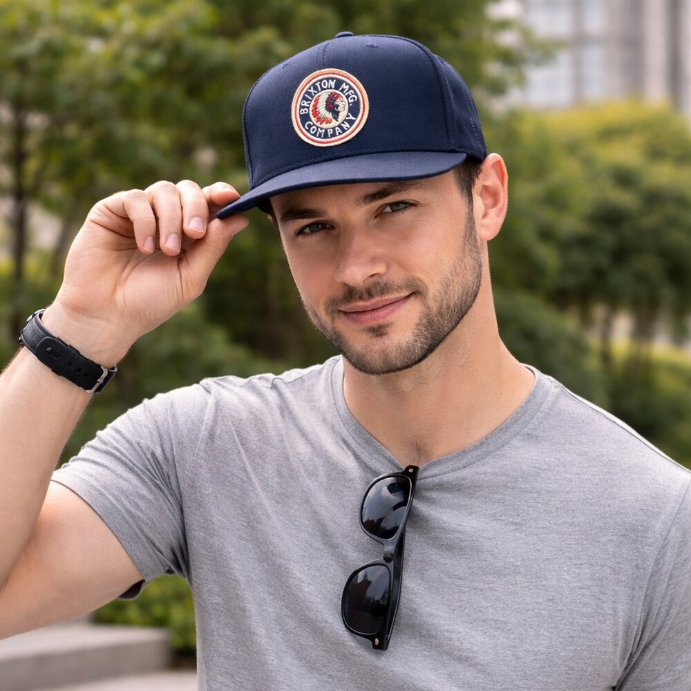 Brixton Dark Blue Logo Snapback Hat OS Navy Embroidered Patch Flat Brim Cap
